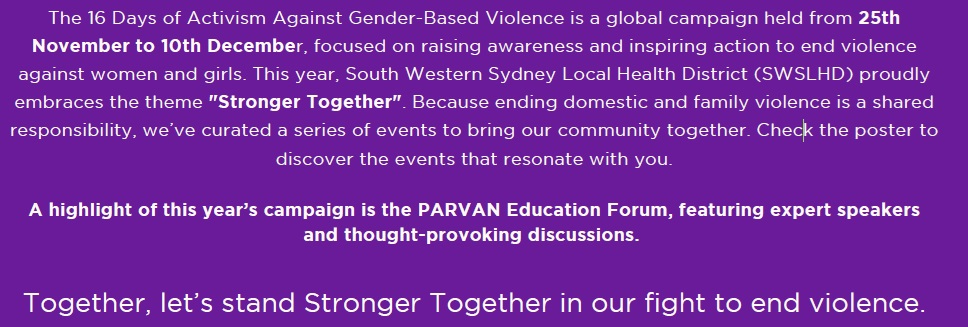 16 Days Of Activism against gender-based violence SWSLHD 2024 Events ...